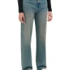 Ciemnoniebieskie jeansy straight z efektem sprania