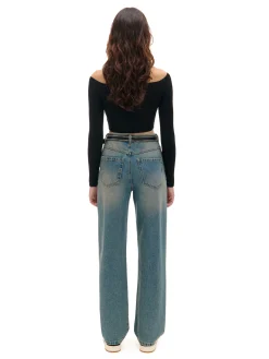 Ciemnoniebieskie jeansy straight z efektem sprania