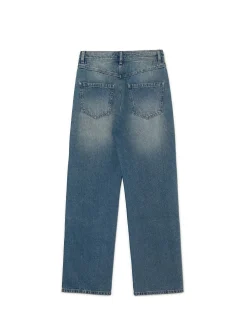 Ciemnoniebieskie jeansy straight z efektem sprania