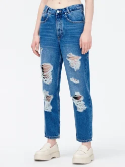 Jeansy barrel z przetarciami