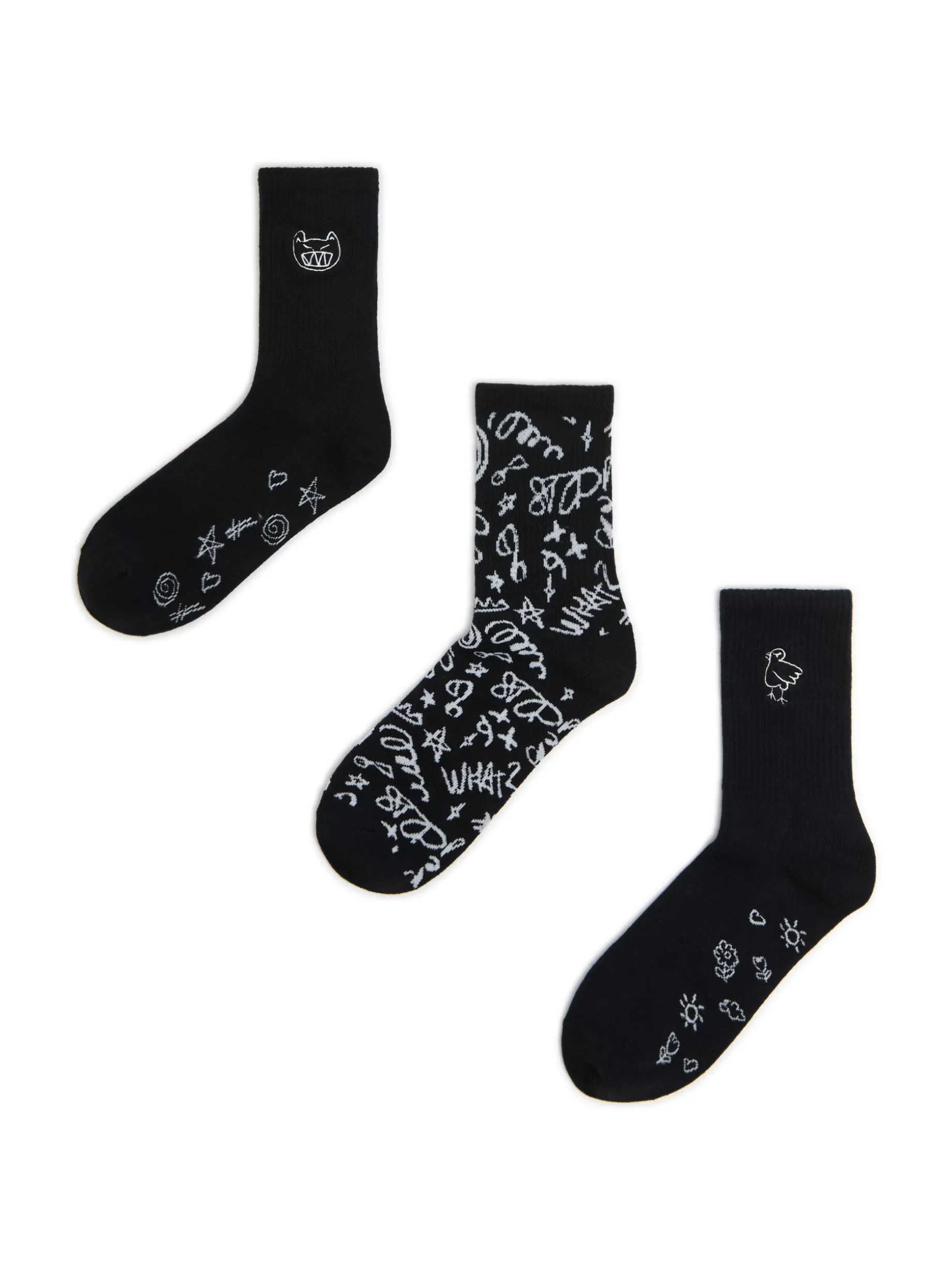 3 pack czarnych skarpet z nadrukami