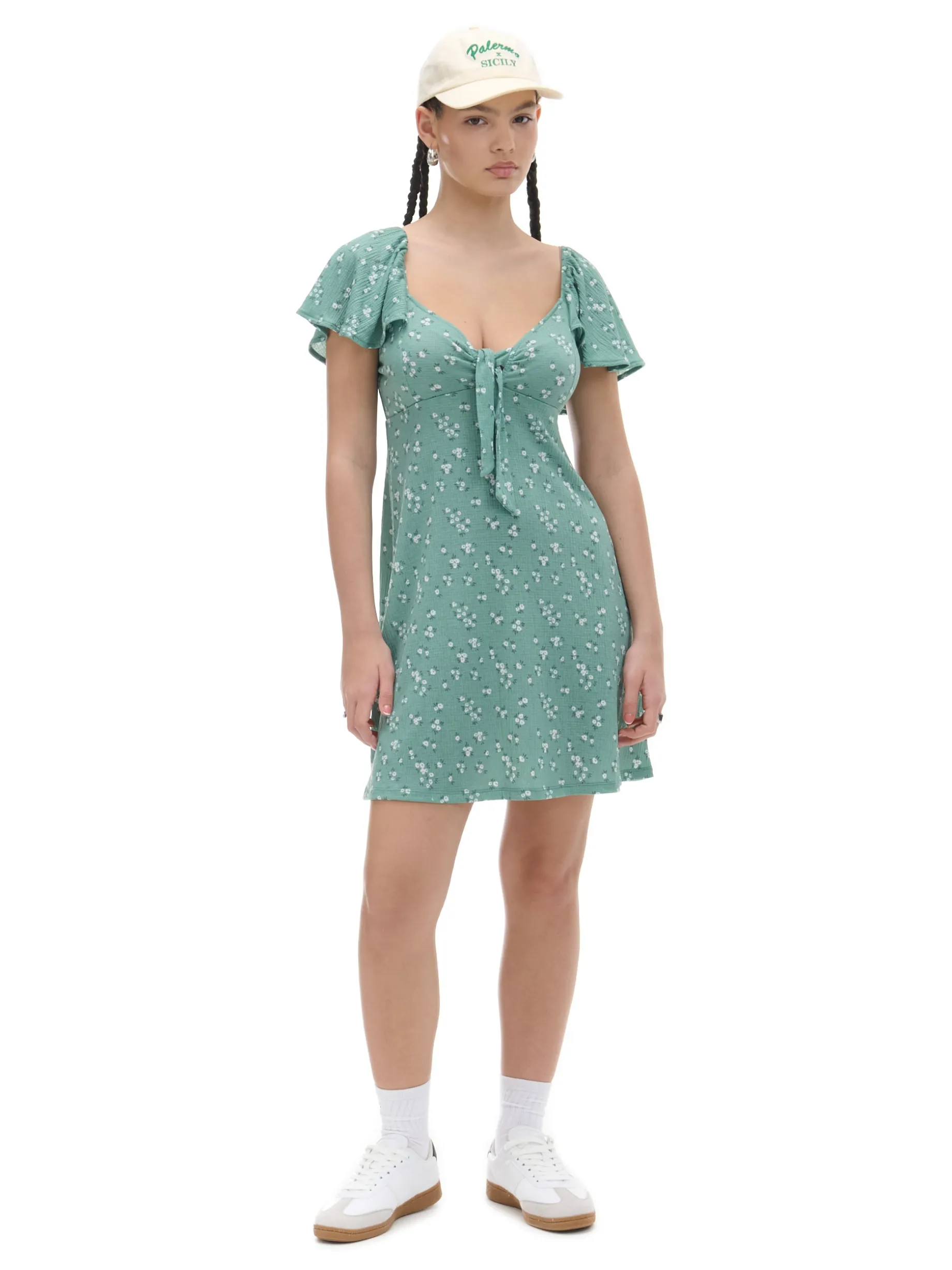 Zielona sukienka mini w stokrotki
